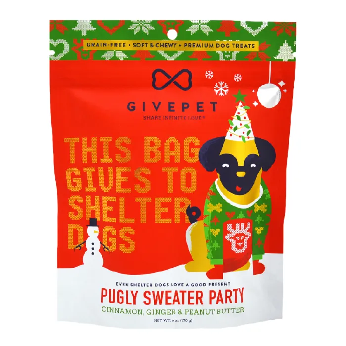 Givepet Holiday Dog Treat Soft Chew Pugly Sweater Party 6 Oz