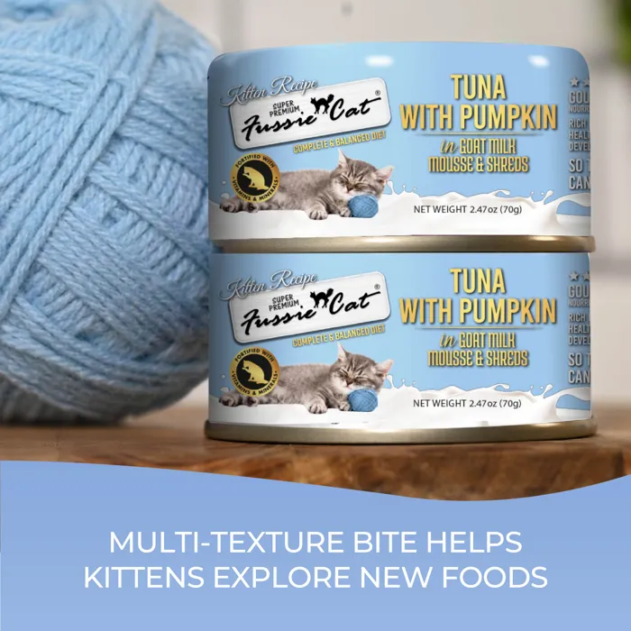 Fussie Cat Kitten Tuna Pumpkin Goat Milk Mousse and Shreds cans