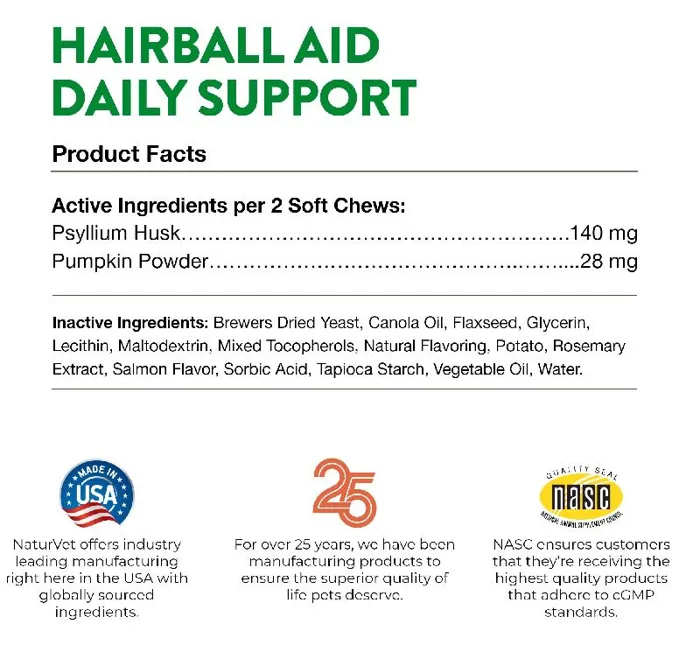 Naturvet Hairball Aid Pumpkin Cat Chew 60-ct