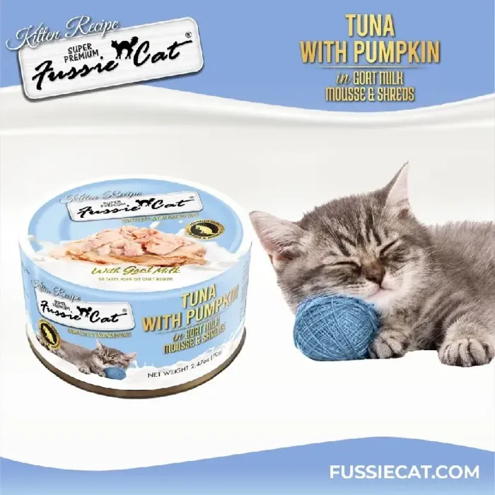Fussie Cat Kitten Tuna Pumpkin Goat Milk Mousse and Shreds lifestyle