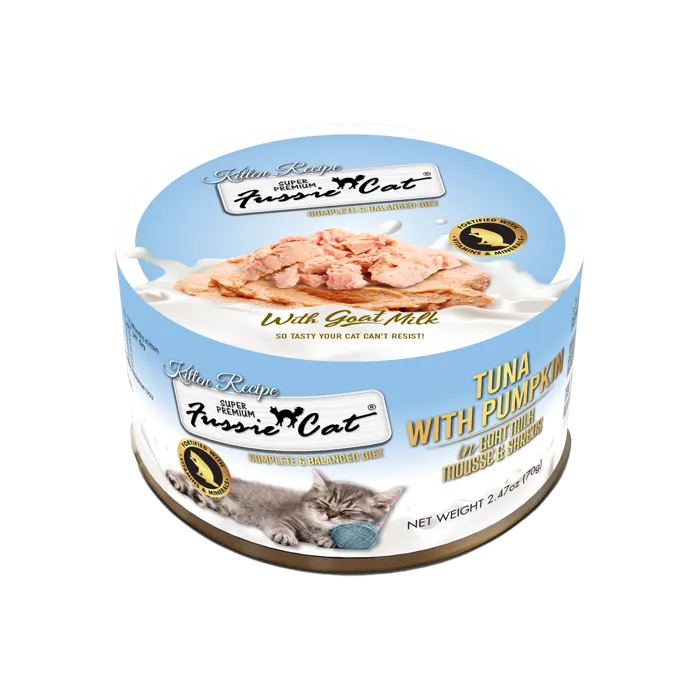 Fussie Cat Kitten Tuna Pumpkin Goat Milk Mousse and Shreds 2.47 oz can