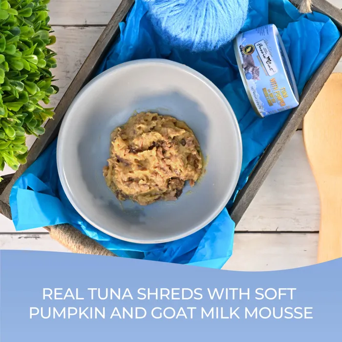 Fussie Cat Kitten Tuna Pumpkin Goat Milk Mousse and Shreds served bowl
