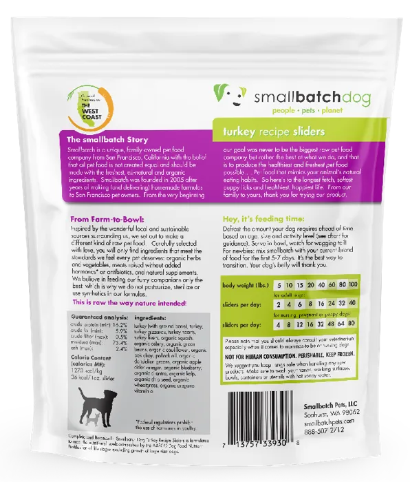 Smallbatch Frozen Dog Sliders Turkey 3-lb
